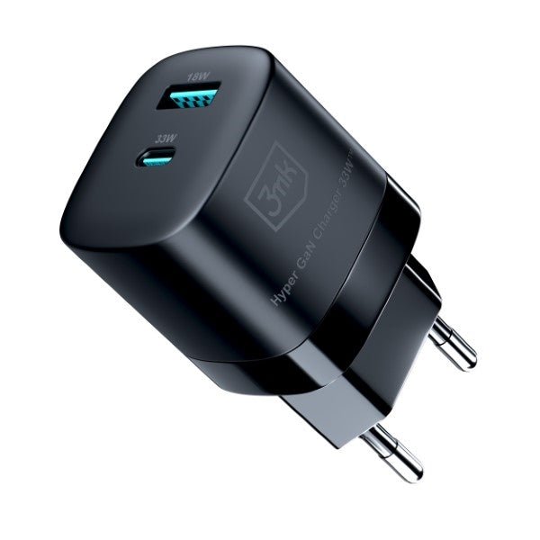 3MK Hyper GaN 33W Οικιακός Φορτιστής Γρήγορης Φόρτισης με 1 Θύρα Type - C και 1 Θύρα USB - Black