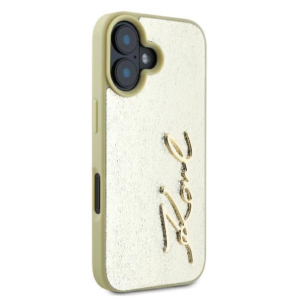 Karl Lagerfeld iPhone 16 - Metal Signature - Σκληρή Θήκη με Πλαίσιο Σιλικόνης και Επένδυση Συνθετικού Δέρματος - Gold - KLHCP16SPFMFBKMD
