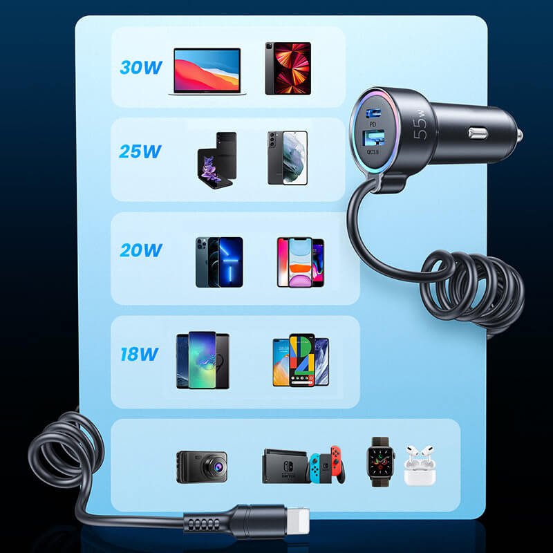 Joyroom JR - CL07 3in1 Fast Car Charger Φορτιστής Αυτοκινήτου με Καλώδιο Type C 1.5m 55W - Black