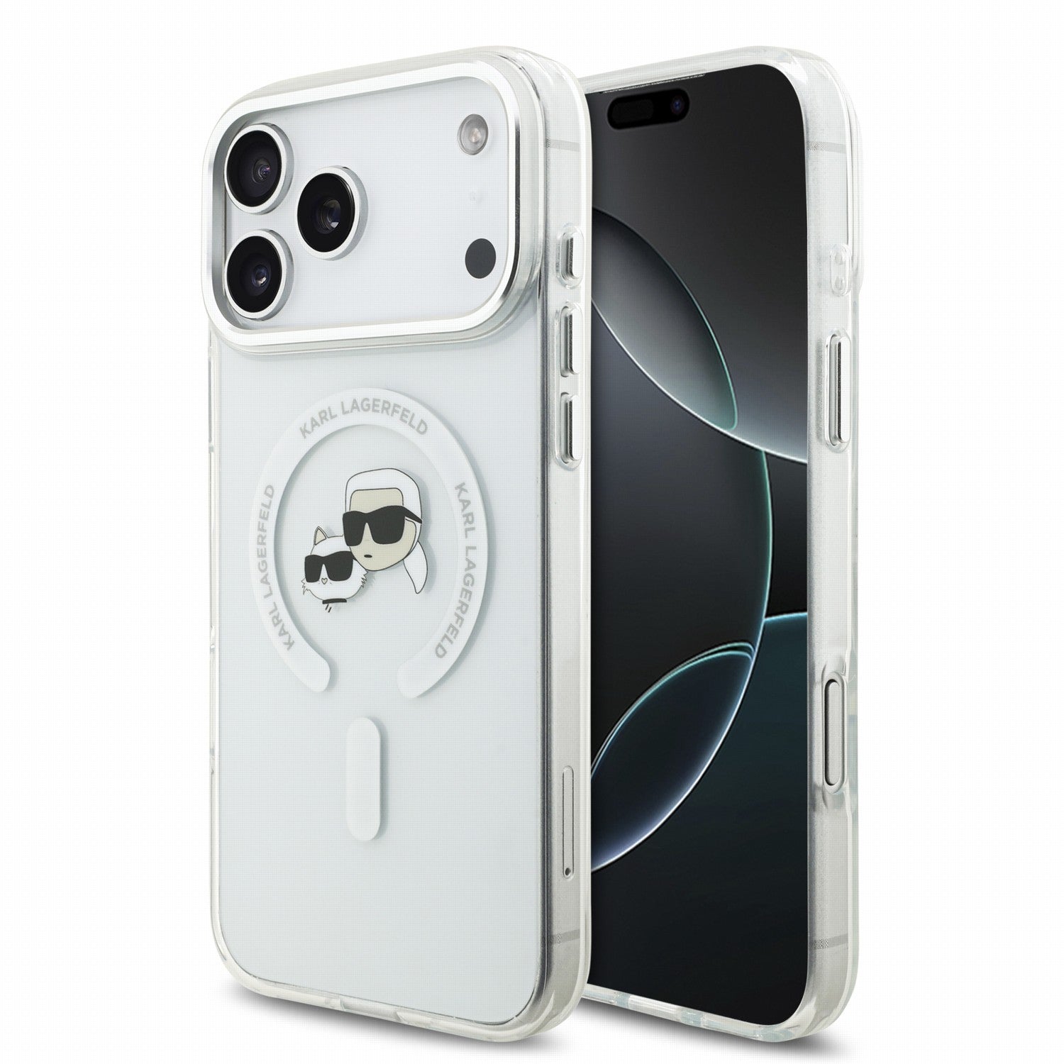 Karl Lagerfeld iPhone 18 Pro / iPhone 17 Pro - Σκληρή Θήκη MagSafe με Πλαίσιο Σιλικόνης - IML K and CH Heads Metal Frame - White