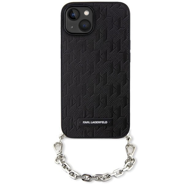Karl Lagerfeld iPhone 15 / 14 / 13 - Σκληρή Θήκη με Επένδυση Συνθετικού Δέρματος και Πλαίσιο Σιλικόνης - Saffiano Monogram Chain - Black