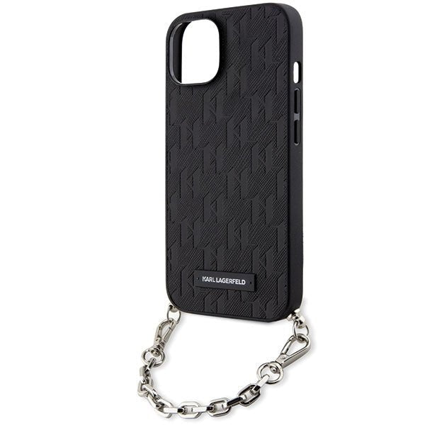 Karl Lagerfeld iPhone 15 / 14 / 13 - Σκληρή Θήκη με Επένδυση Συνθετικού Δέρματος και Πλαίσιο Σιλικόνης - Saffiano Monogram Chain - Black