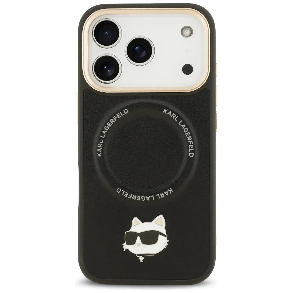 Karl Lagerfeld iPhone 17 Pro - Big Strap Choupette Metal Logo MagSafe - Σκληρή Θήκη με Επένδυση Συνθετικού Δέρματος και Λουράκι - Black