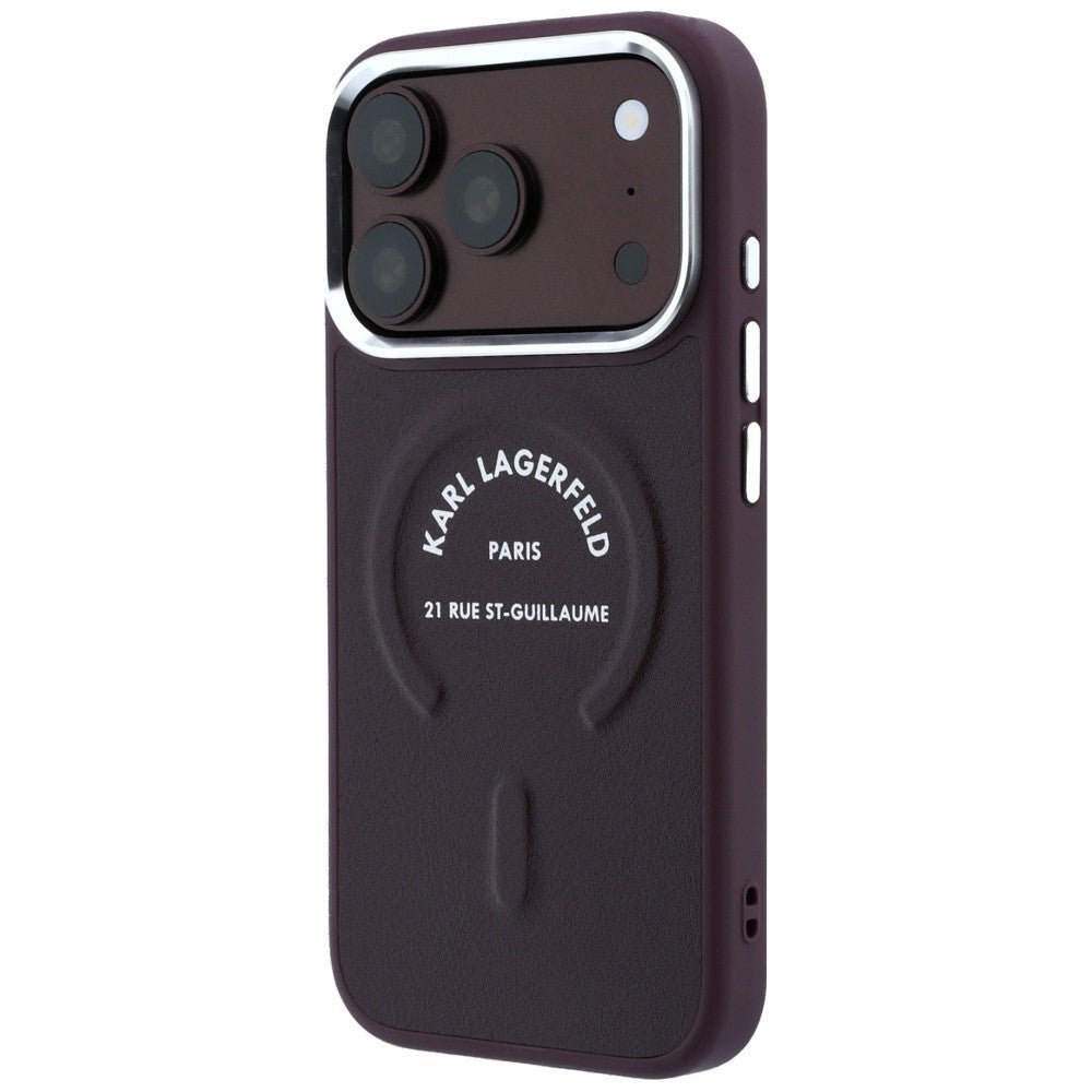 Karl Lagerfeld iPhone 17 Pro / iPhone 18 Pro - Σκληρή Θήκη με Επένδυση Οικολογικού Δέρματος - Embossed Open Ring RSG Logo MagSafe - Burgundy