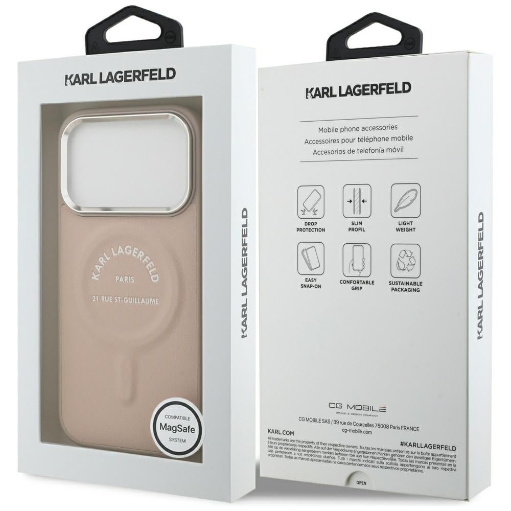 Karl Lagerfeld iPhone 17 Pro / iPhone 18 Pro - Σκληρή Θήκη με Επένδυση Οικολογικού Δέρματος - Embossed Open Ring RSG Logo MagSafe - Pink