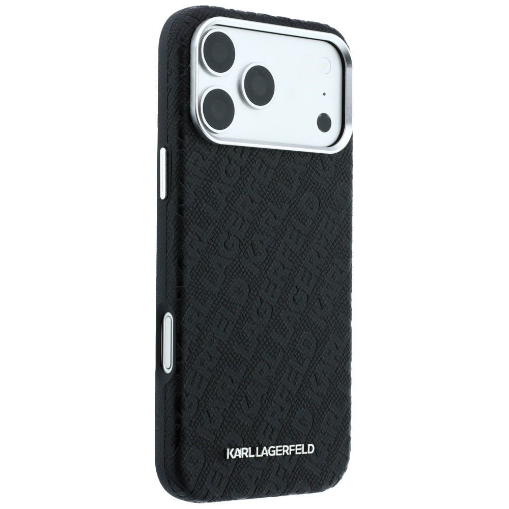Karl Lagerfeld iPhone 17 Pro / iPhone 18 Pro - Σκληρή Θήκη με Επένδυση Οικολογικού Δέρματος - Grained Allover Logo Metal Elongated Magsafe - Black