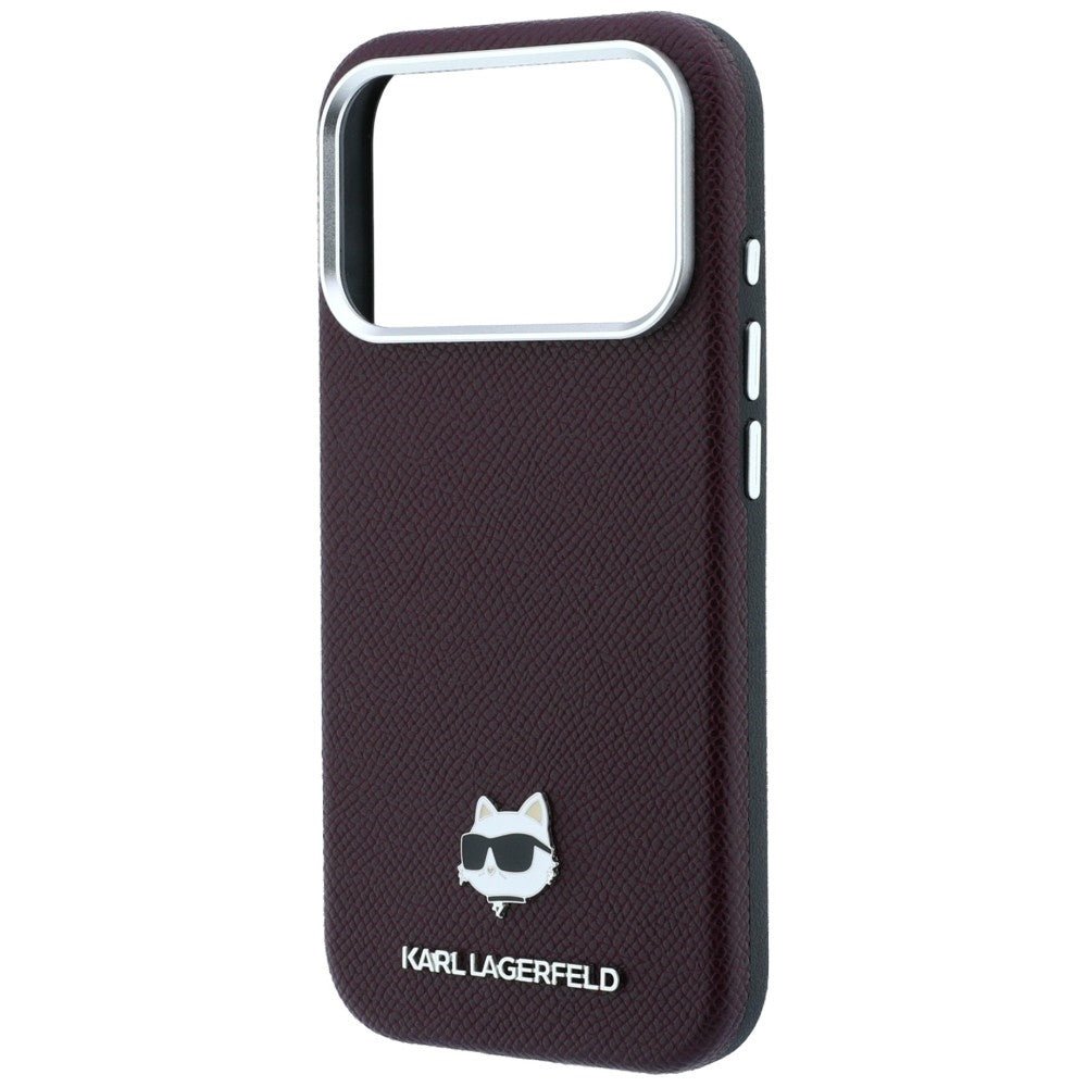 Karl Lagerfeld iPhone 17 Pro / iPhone 18 Pro - Σκληρή Θήκη με Επένδυση Οικολογικού Δέρματος - Grained Choupette Head Metal MagSafe - Burgundy