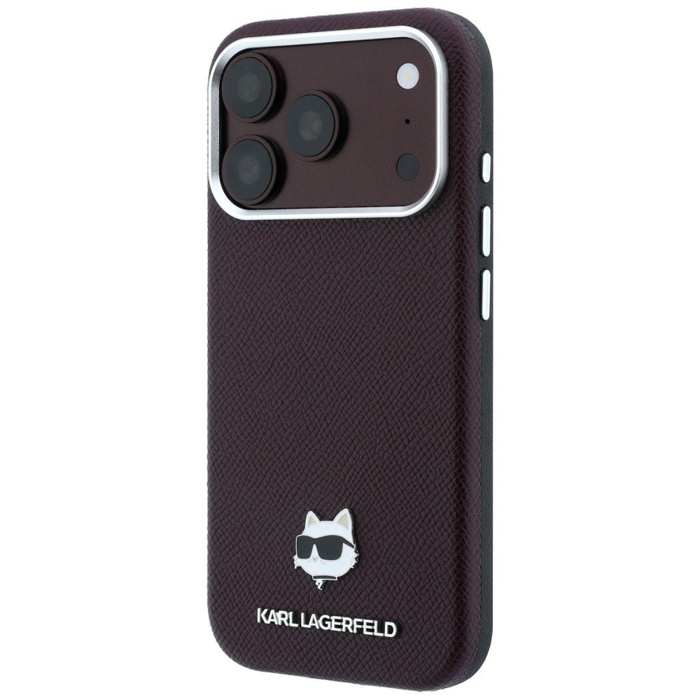 Karl Lagerfeld iPhone 17 Pro / iPhone 18 Pro - Σκληρή Θήκη με Επένδυση Οικολογικού Δέρματος - Grained Choupette Head Metal MagSafe - Burgundy