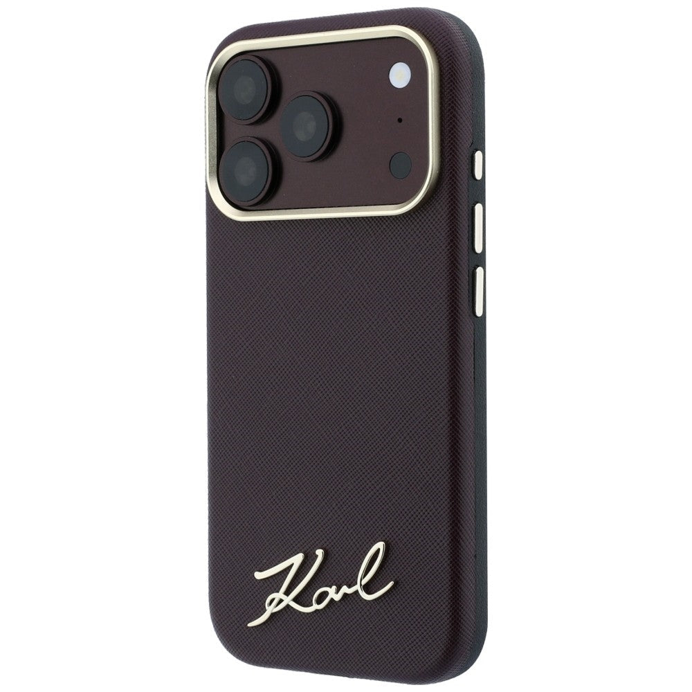 Karl Lagerfeld iPhone 17 Pro / iPhone 18 Pro - Σκληρή Θήκη με Επένδυση Συνθετικού Δέρματος και Πλαίσιο Σιλικόνης - Saffiano Small Script Metal Logo MagSafe - Burgundy