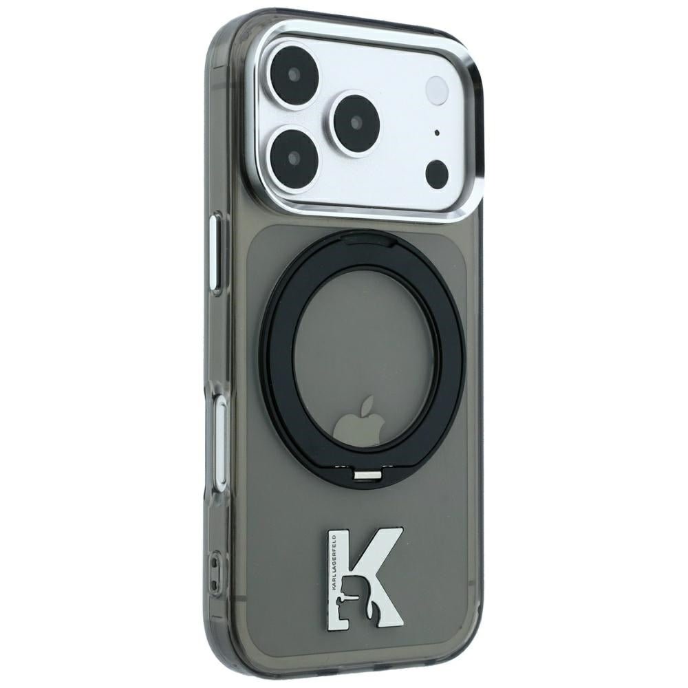 Karl Lagerfeld iPhone 17 Pro / iPhone 18 Pro - Σκληρή Θήκη με Πλαίσιο Σιλικόνης και Δαχτυλίδι Συγκράτησης - IML Ring Stand 360 Kameo Metal MagSafe - Black