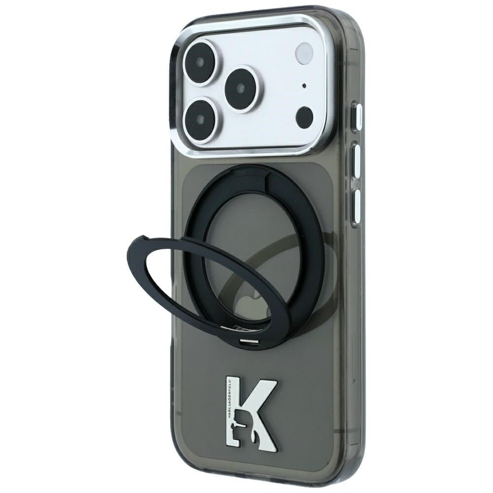 Karl Lagerfeld iPhone 17 Pro / iPhone 18 Pro - Σκληρή Θήκη με Πλαίσιο Σιλικόνης και Δαχτυλίδι Συγκράτησης - IML Ring Stand 360 Kameo Metal MagSafe - Black
