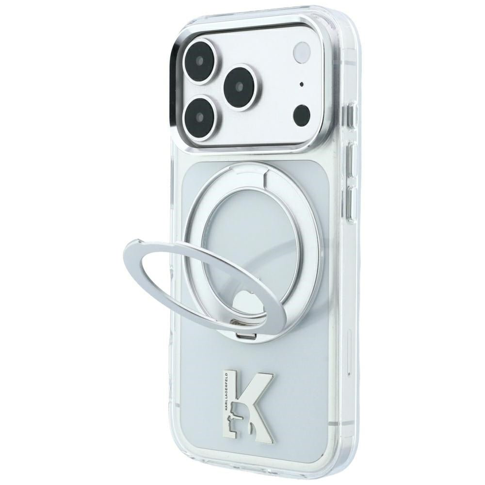 Karl Lagerfeld iPhone 17 Pro / iPhone 18 Pro - Σκληρή Θήκη με Πλαίσιο Σιλικόνης και Δαχτυλίδι Συγκράτησης - IML Ring Stand 360 Kameo Metal MagSafe - Clear