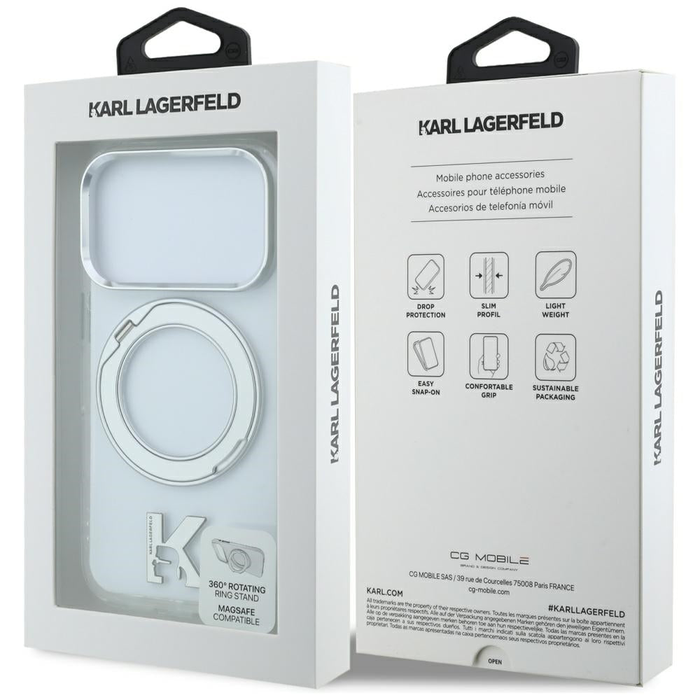 Karl Lagerfeld iPhone 17 Pro / iPhone 18 Pro - Σκληρή Θήκη με Πλαίσιο Σιλικόνης και Δαχτυλίδι Συγκράτησης - IML Ring Stand 360 Kameo Metal MagSafe - Clear