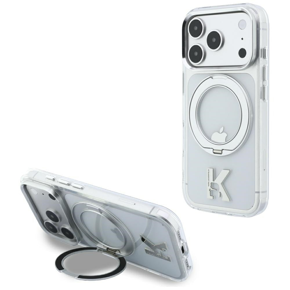 Karl Lagerfeld iPhone 17 Pro / iPhone 18 Pro - Σκληρή Θήκη με Πλαίσιο Σιλικόνης και Δαχτυλίδι Συγκράτησης - IML Ring Stand 360 Kameo Metal MagSafe - Clear