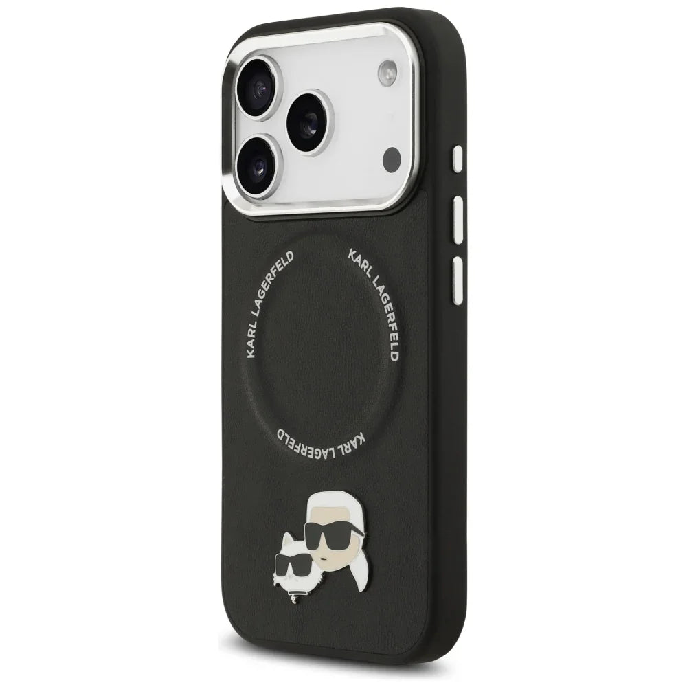 Karl Lagerfeld iPhone 17 Pro - Karl and Choupette Pins MagSafe - Σκληρή Θήκη με Επένδυση Συνθετικού Δέρματος - Black