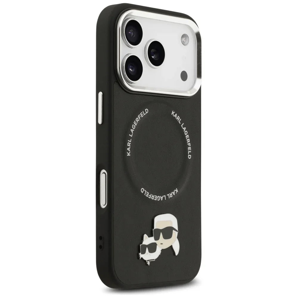 Karl Lagerfeld iPhone 17 Pro - Karl and Choupette Pins MagSafe - Σκληρή Θήκη με Επένδυση Συνθετικού Δέρματος - Black