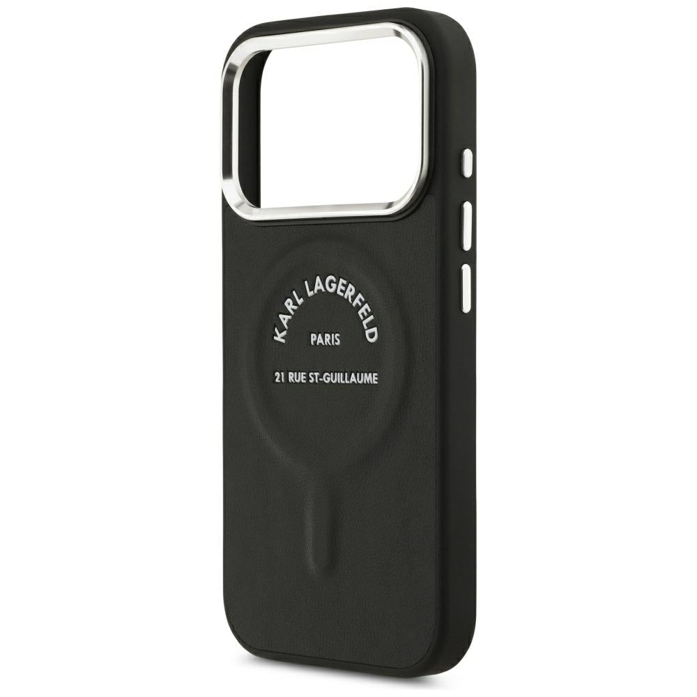 Karl Lagerfeld iPhone 17 Pro Max / iPhone 18 Pro Max - Σκληρή Θήκη με Επένδυση Οικολογικού Δέρματος - Embossed Open Ring RSG Logo MagSafe - Black
