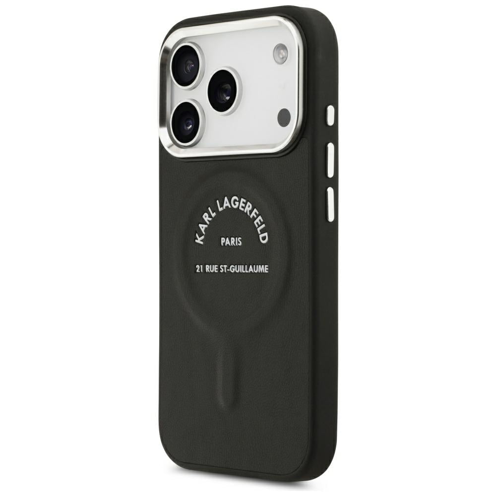 Karl Lagerfeld iPhone 17 Pro Max / iPhone 18 Pro Max - Σκληρή Θήκη με Επένδυση Οικολογικού Δέρματος - Embossed Open Ring RSG Logo MagSafe - Black