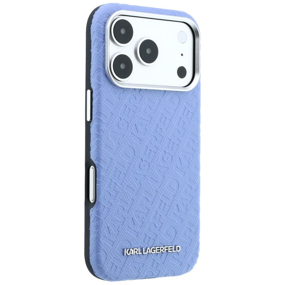 Karl Lagerfeld iPhone 17 Pro Max / iPhone 18 Pro Max - Σκληρή Θήκη με Επένδυση Οικολογικού Δέρματος - Grained Allover Logo Metal Elongated Magsafe - Blue