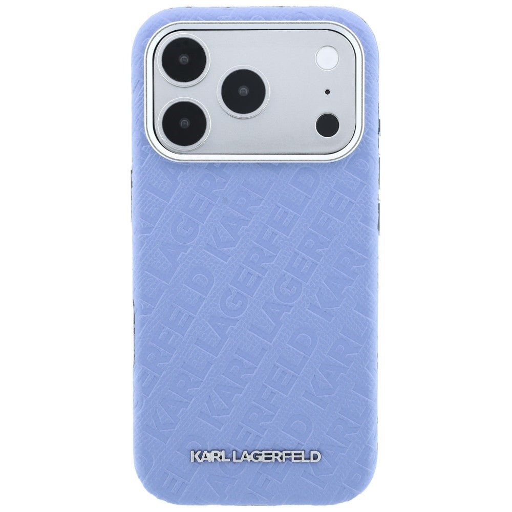 Karl Lagerfeld iPhone 17 Pro Max / iPhone 18 Pro Max - Σκληρή Θήκη με Επένδυση Οικολογικού Δέρματος - Grained Allover Logo Metal Elongated Magsafe - Blue