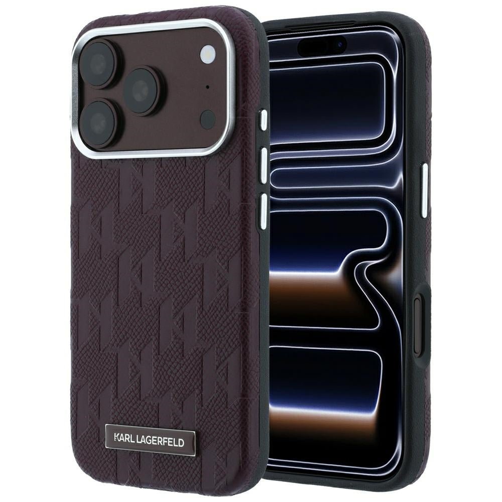 Karl Lagerfeld iPhone 17 Pro Max / iPhone 18 Pro Max - Σκληρή Θήκη με Επένδυση Οικολογικού Δέρματος - Grained Mono Resin Logo MagSafe - Burgundy