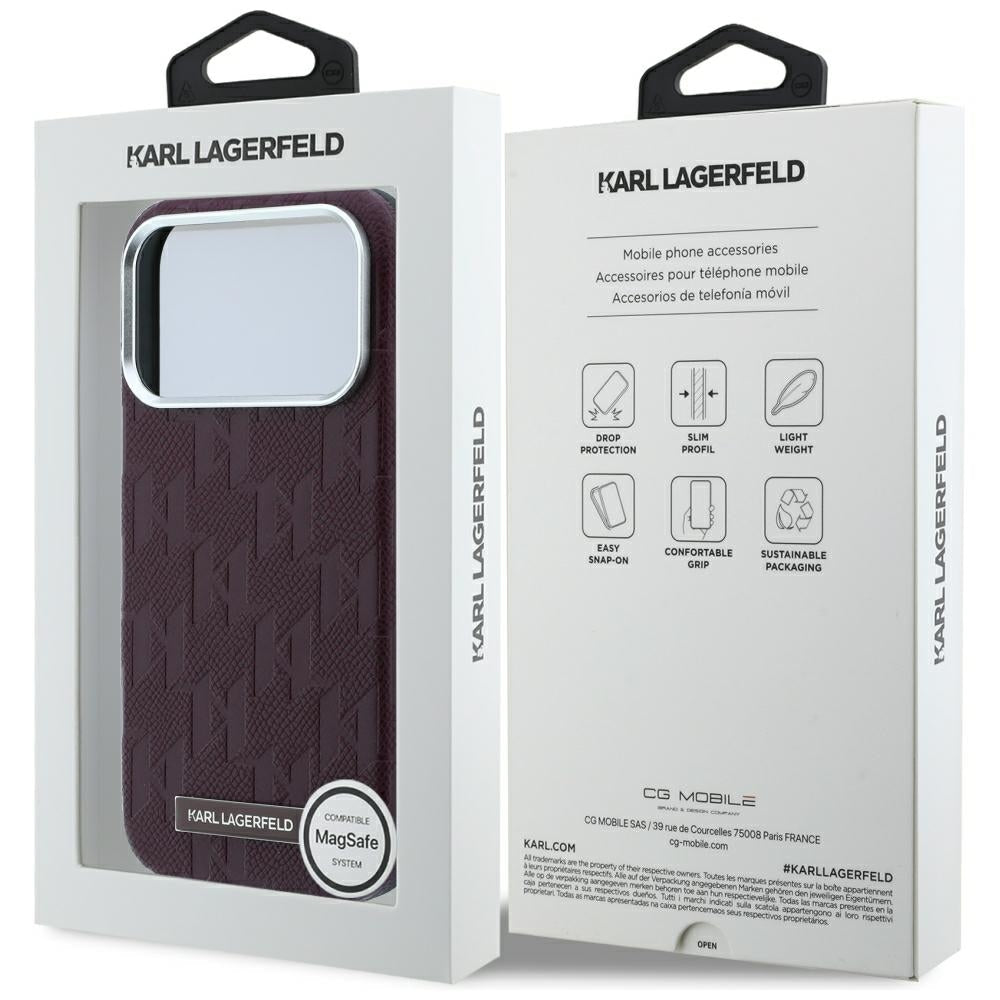 Karl Lagerfeld iPhone 17 Pro Max / iPhone 18 Pro Max - Σκληρή Θήκη με Επένδυση Οικολογικού Δέρματος - Grained Mono Resin Logo MagSafe - Burgundy