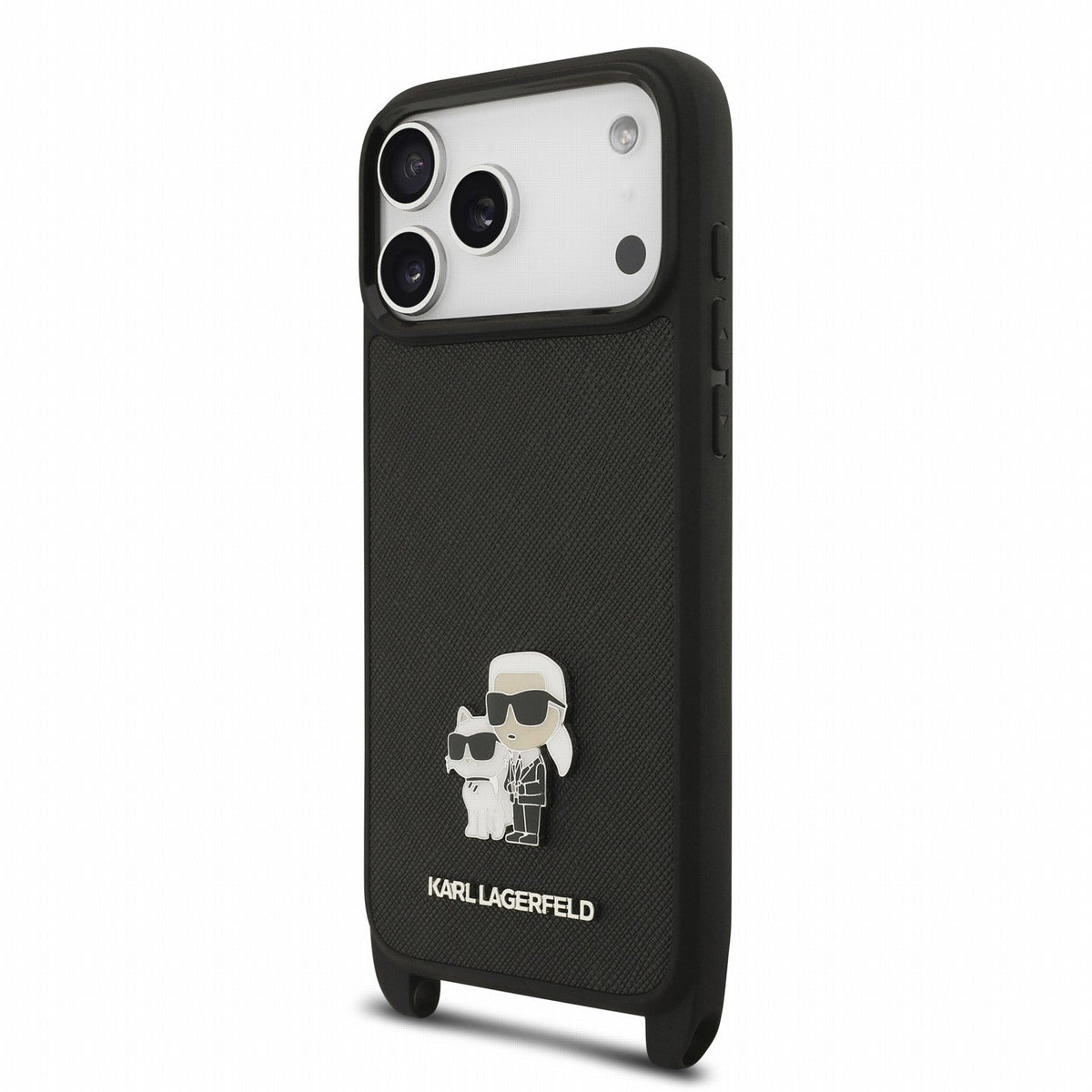 Karl Lagerfeld iPhone 17 Pro Max / iPhone 18 Pro Max - Σκληρή Θήκη με Επένδυση Συνθετικού Δέρματος και Πλαίσιο Σιλικόνης - Saffiano Crossbody Strap Metal Karl and Choupette - Black