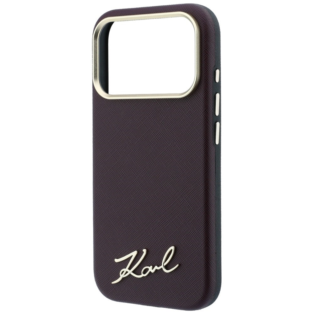 Karl Lagerfeld iPhone 17 Pro Max / iPhone 18 Pro Max - Σκληρή Θήκη με Επένδυση Συνθετικού Δέρματος και Πλαίσιο Σιλικόνης - Saffiano Small Script Metal Logo MagSafe - Burgundy
