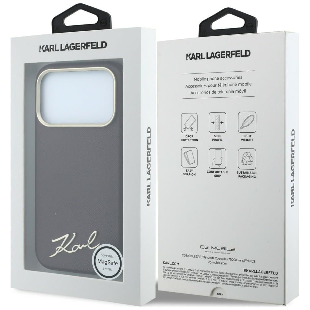 Karl Lagerfeld iPhone 17 Pro Max / iPhone 18 Pro Max - Σκληρή Θήκη με Επένδυση Συνθετικού Δέρματος και Πλαίσιο Σιλικόνης - Saffiano Small Script Metal Logo MagSafe - Burgundy
