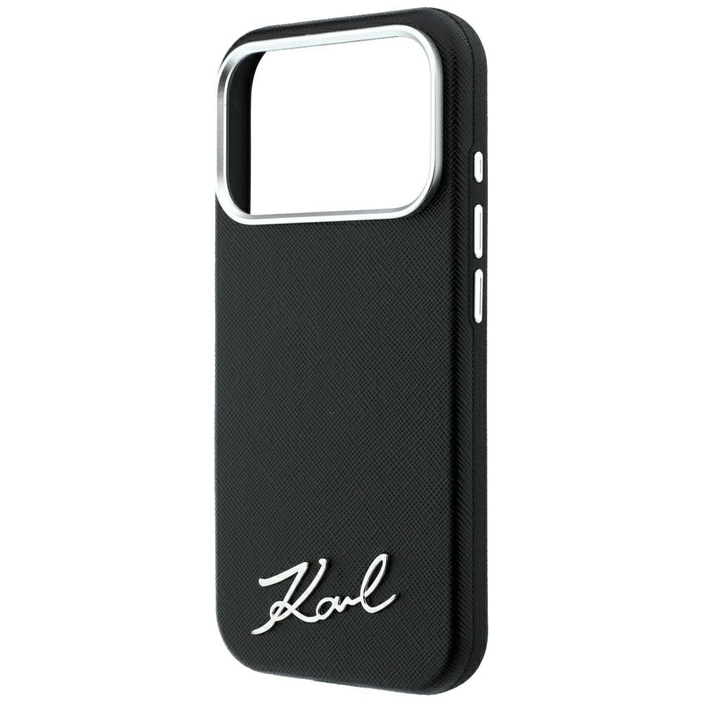 Karl Lagerfeld iPhone 17 Pro Max / iPhone 18 Pro Max - Σκληρή Θήκη με Επένδυση Συνθετικού Δέρματος και Πλαίσιο Σιλικόνης - Saffiano Small Script Metal Logo MagSafe - Black