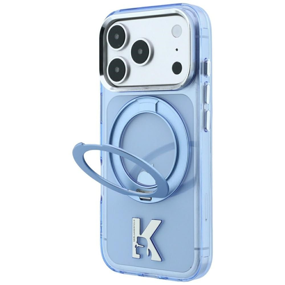 Karl Lagerfeld iPhone 17 Pro Max / iPhone 18 Pro Max - Σκληρή Θήκη με Πλαίσιο Σιλικόνης και Δαχτυλίδι Συγκράτησης - IML Ring Stand 360 Kameo Metal MagSafe - Blue