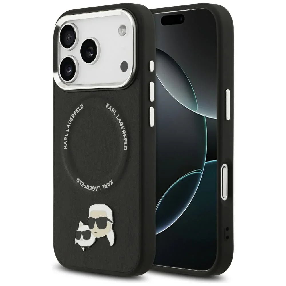 Karl Lagerfeld iPhone 17 Pro Max - Karl and Choupette Pins MagSafe - Σκληρή Θήκη με Επένδυση Συνθετικού Δέρματος - Black