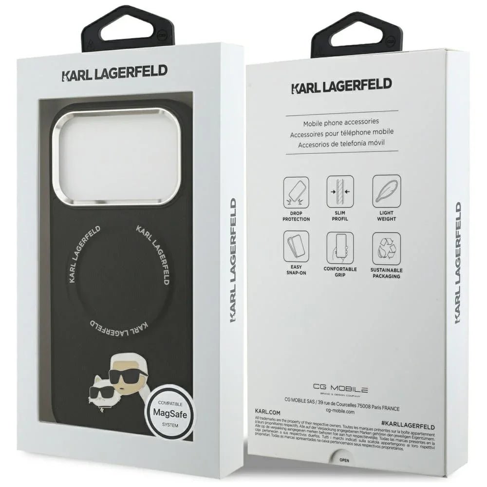 Karl Lagerfeld iPhone 17 Pro Max - Karl and Choupette Pins MagSafe - Σκληρή Θήκη με Επένδυση Συνθετικού Δέρματος - Black
