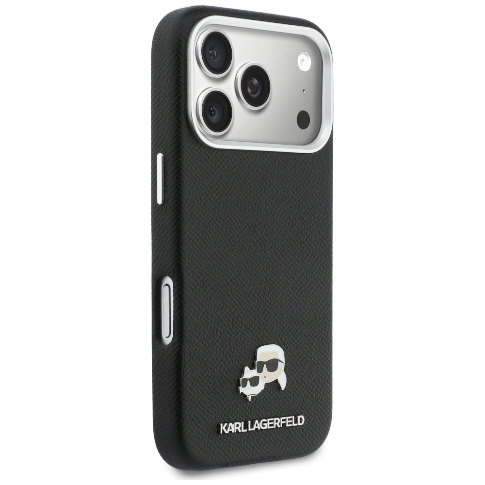 Karl Lagerfeld iPhone 17 Pro Max - Σκληρή Θήκη με Επένδυση Συνθετικού Δέρματος και Πλαίσιο Σιλικόνης - Karl and Choupette Head Pins Saffiano MagSafe - Black