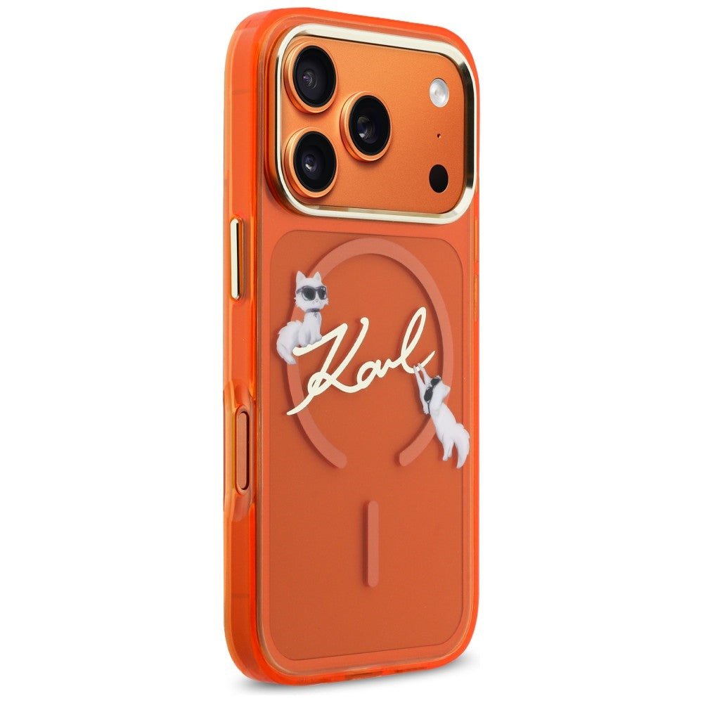 Karl Lagerfeld iPhone 17 Pro Max - Σκληρή Θήκη με Πλαίσιο Σιλικόνης - IML Choupettes Karl Script Logo MagSafe - Orange