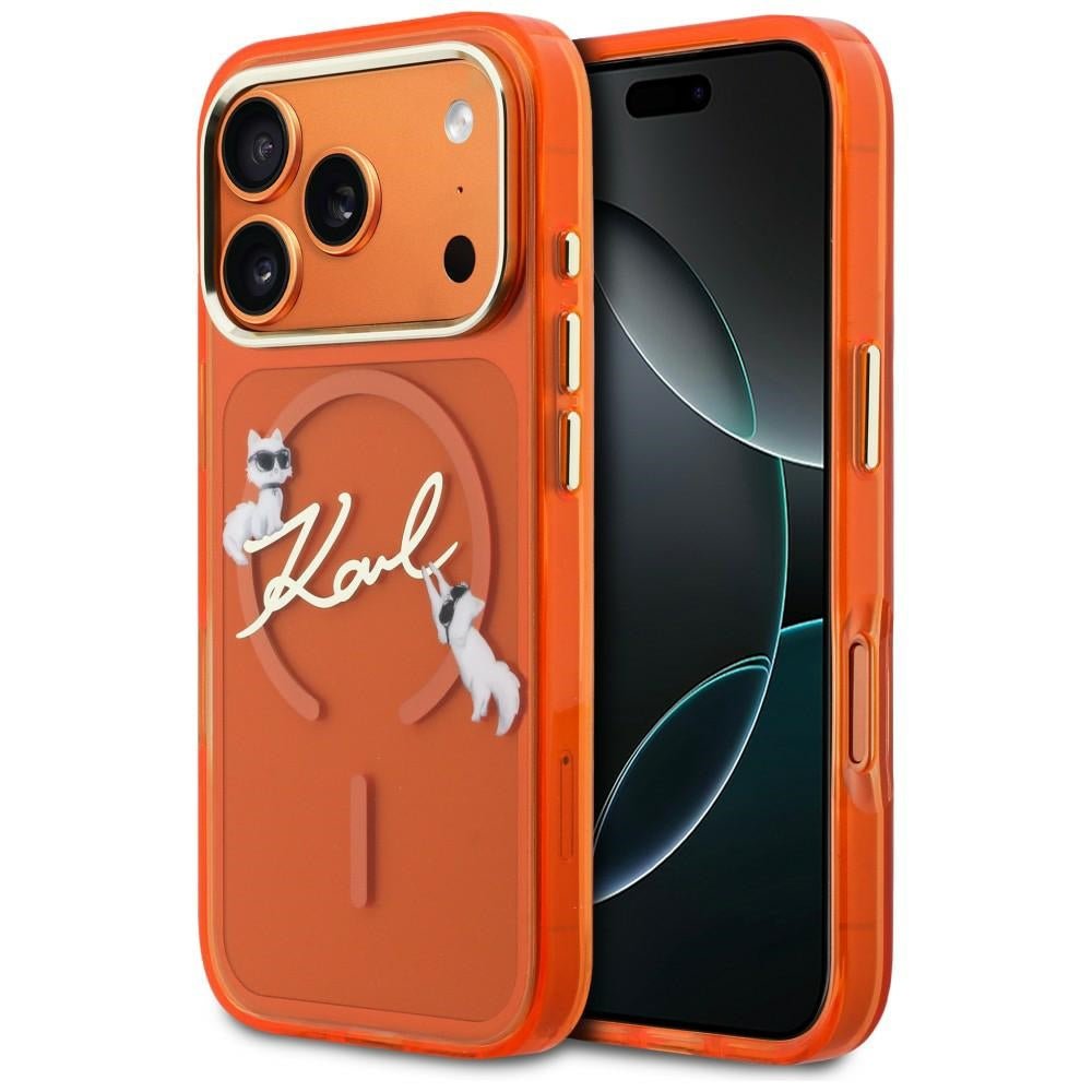 Karl Lagerfeld iPhone 17 Pro Max - Σκληρή Θήκη με Πλαίσιο Σιλικόνης - IML Choupettes Karl Script Logo MagSafe - Orange