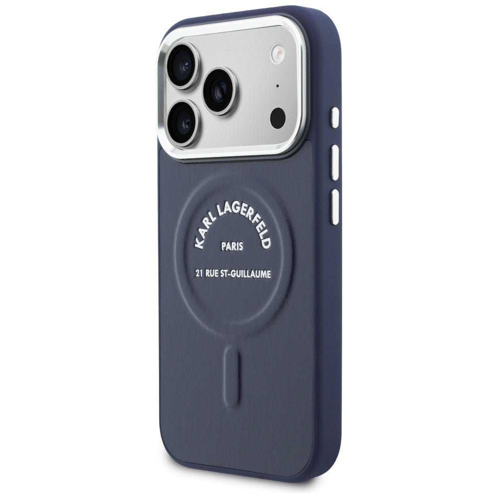 Karl Lagerfeld iPhone 17 Pro - Σκληρή Θήκη με Επένδυση Οικολογικού Δέρματος - Karl RSG Logo MagSafe - Blue