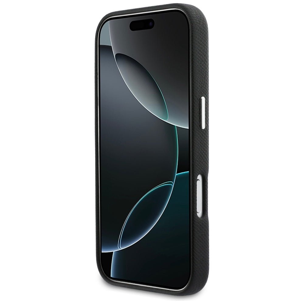 Karl Lagerfeld iPhone 17 Pro - Σκληρή Θήκη με Επένδυση Συνθετικού Δέρματος και Πλαίσιο Σιλικόνης - Karl and Choupette Head Pins Saffiano MagSafe - Black