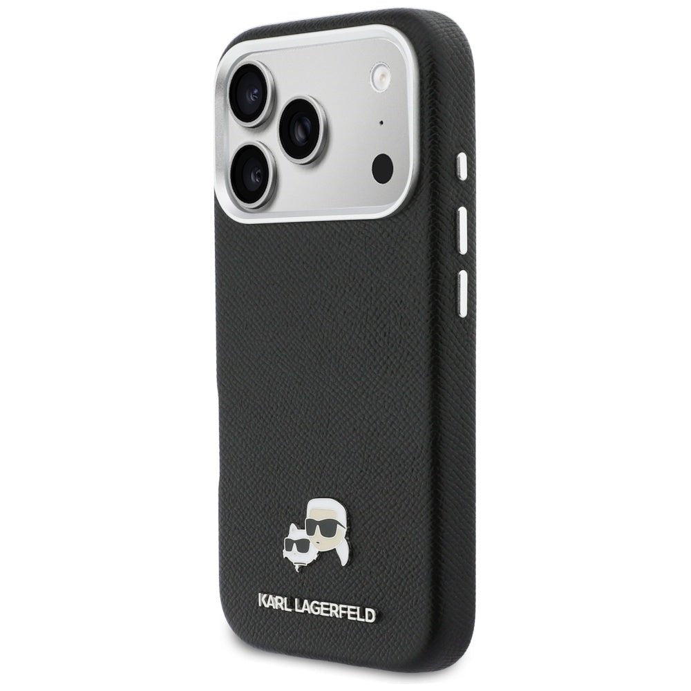 Karl Lagerfeld iPhone 17 Pro - Σκληρή Θήκη με Επένδυση Συνθετικού Δέρματος και Πλαίσιο Σιλικόνης - Karl and Choupette Head Pins Saffiano MagSafe - Black