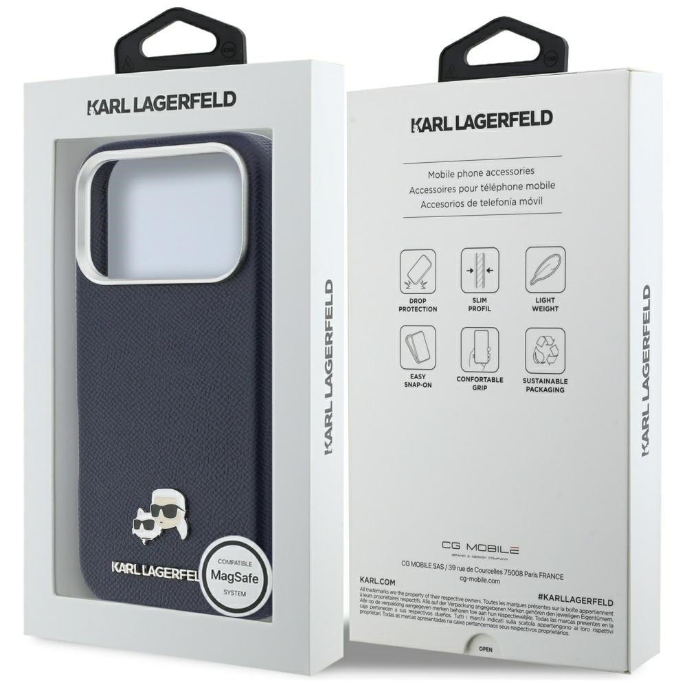 Karl Lagerfeld iPhone 17 Pro - Σκληρή Θήκη με Επένδυση Συνθετικού Δέρματος και Πλαίσιο Σιλικόνης - Karl and Choupette Head Pins Saffiano MagSafe - Blue