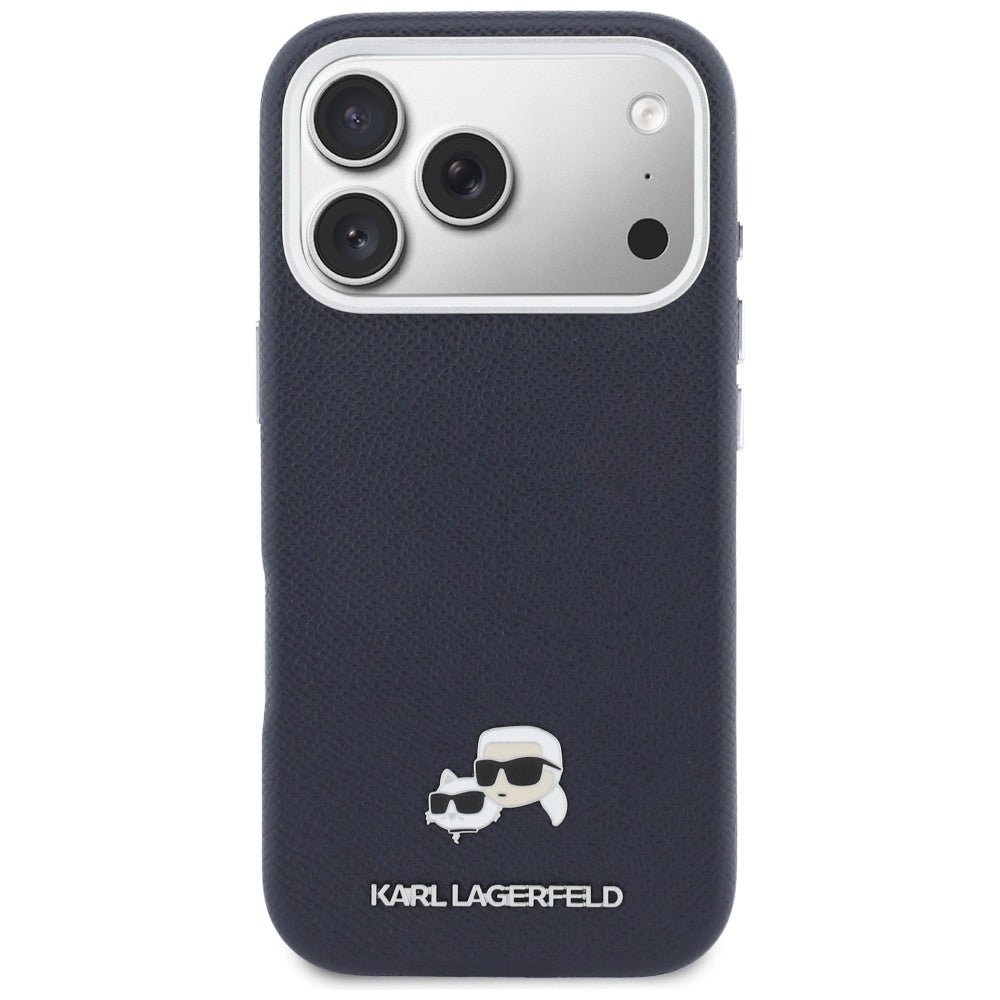 Karl Lagerfeld iPhone 17 Pro - Σκληρή Θήκη με Επένδυση Συνθετικού Δέρματος και Πλαίσιο Σιλικόνης - Karl and Choupette Head Pins Saffiano MagSafe - Blue