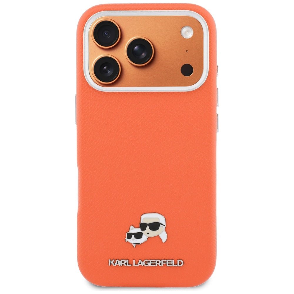 Karl Lagerfeld iPhone 17 Pro - Σκληρή Θήκη με Επένδυση Συνθετικού Δέρματος και Πλαίσιο Σιλικόνης - Karl and Choupette Head Pins Saffiano MagSafe - Orange