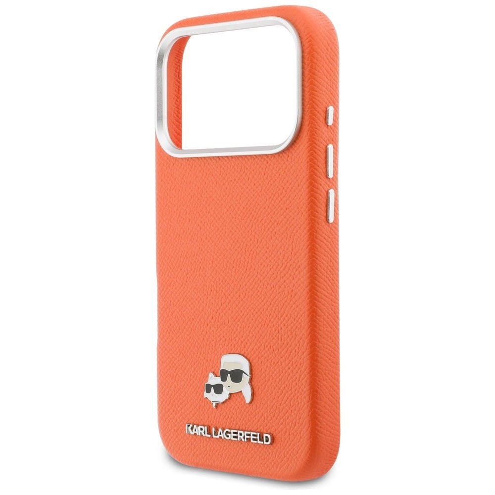 Karl Lagerfeld iPhone 17 Pro - Σκληρή Θήκη με Επένδυση Συνθετικού Δέρματος και Πλαίσιο Σιλικόνης - Karl and Choupette Head Pins Saffiano MagSafe - Orange