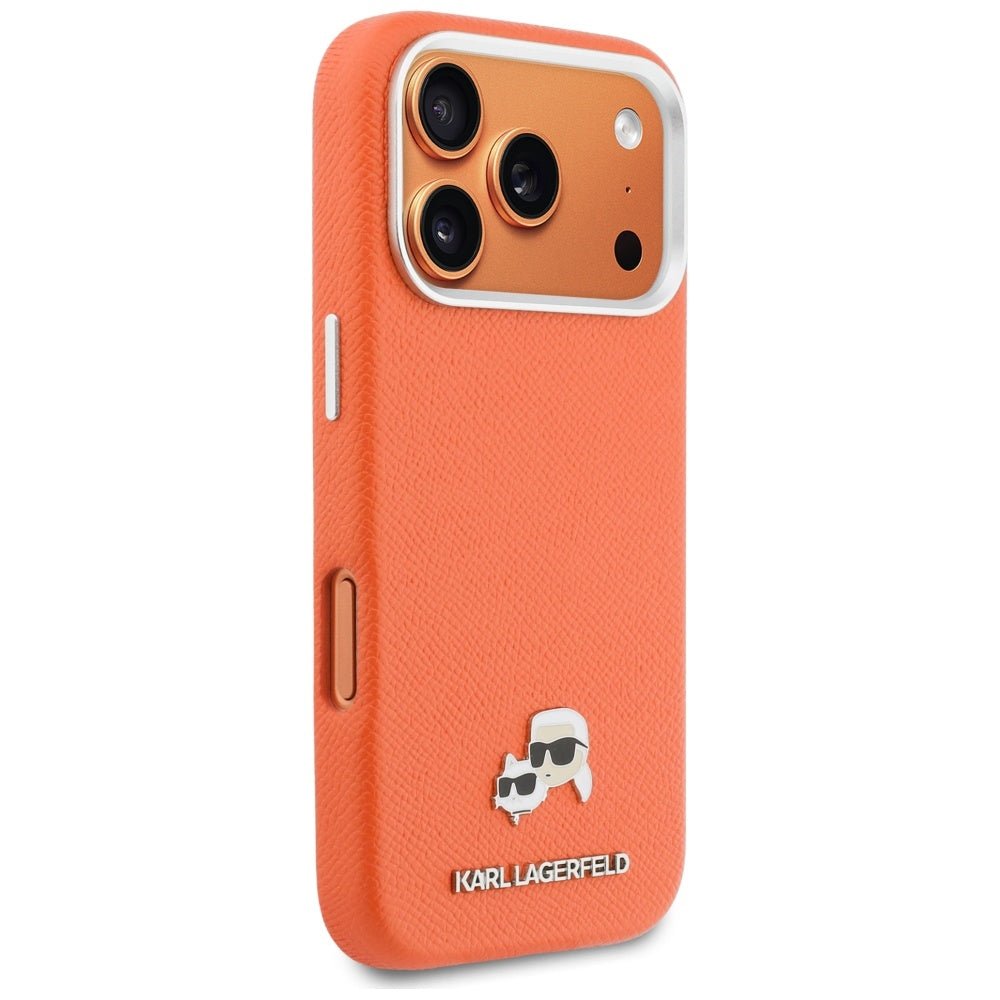 Karl Lagerfeld iPhone 17 Pro - Σκληρή Θήκη με Επένδυση Συνθετικού Δέρματος και Πλαίσιο Σιλικόνης - Karl and Choupette Head Pins Saffiano MagSafe - Orange