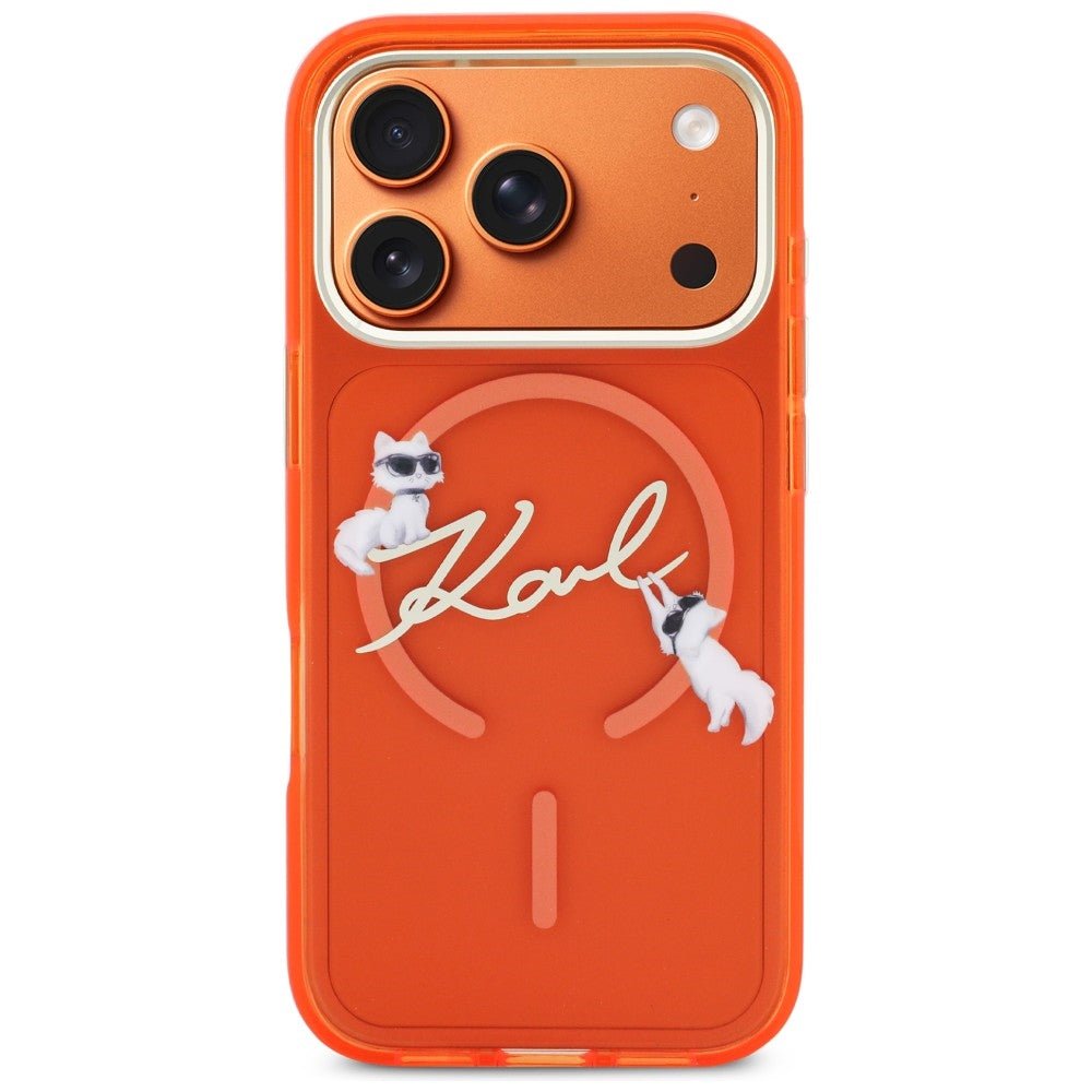 Karl Lagerfeld iPhone 17 Pro - Σκληρή Θήκη με Πλαίσιο Σιλικόνης - IML Choupettes Karl Script Logo MagSafe - Orange