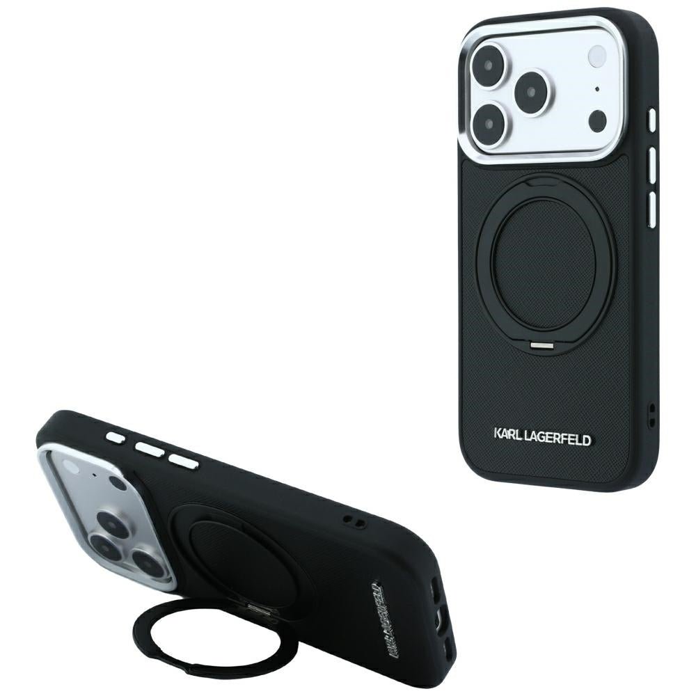 Karl Lagerfeld iPhone 18 Pro / iPhone 17 Pro - Σκληρή Θήκη με Δαχτυλίδι Συγκράτησης MagSafe - Ring Stand 360 Saffiano - Black