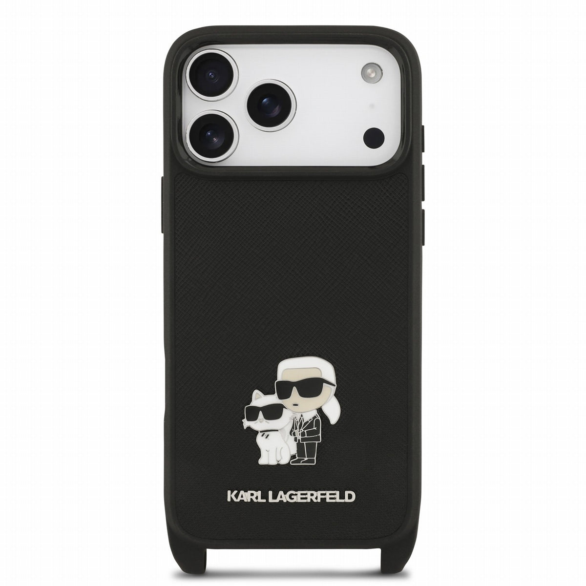 Karl Lagerfeld iPhone 17 Pro / iPhone 18 Pro - Σκληρή Θήκη με Επένδυση Συνθετικού Δέρματος και Πλαίσιο Σιλικόνης - Saffiano Crossbody Strap Metal Karl and Choupette - Black