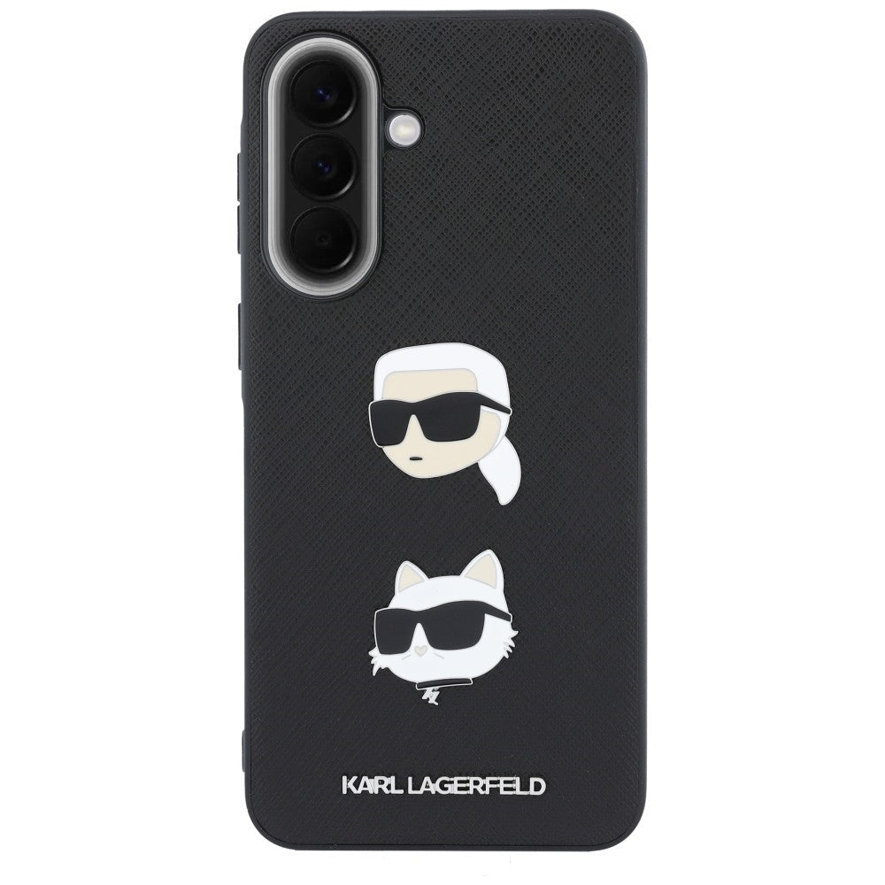Karl Lagerfeld Samsung Galaxy A37 5G - Σκληρή Θήκη με Επένδυση Συνθετικού Δέρματος και Πλαίσιο Σιλικόνης - Karl and Choupette Heads Pins and Logo - Black