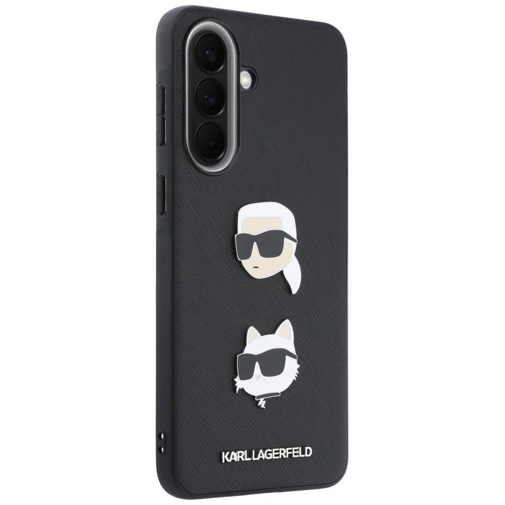 Karl Lagerfeld Samsung Galaxy A37 5G - Σκληρή Θήκη με Επένδυση Συνθετικού Δέρματος και Πλαίσιο Σιλικόνης - Karl and Choupette Heads Pins and Logo - Black