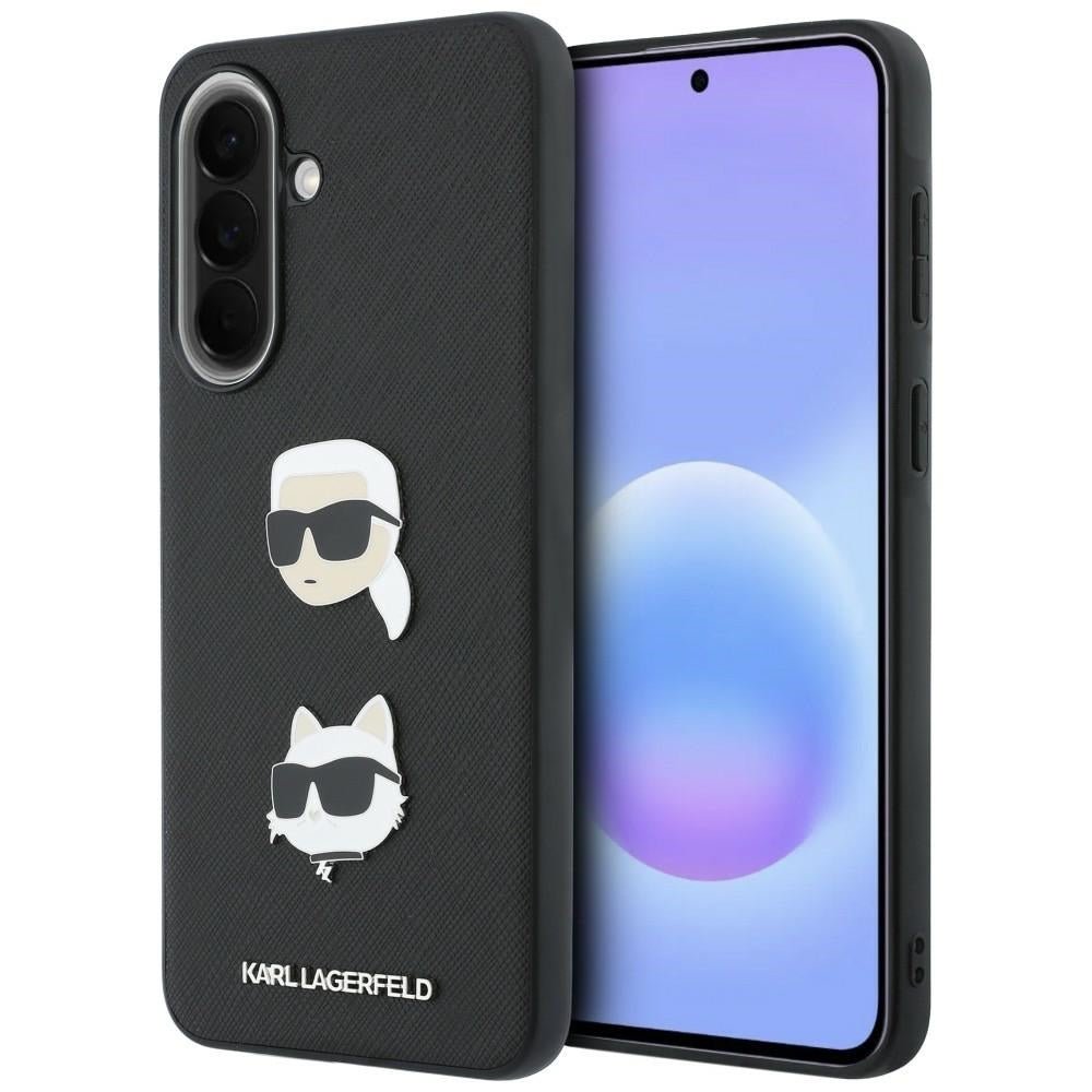 Karl Lagerfeld Samsung Galaxy A57 5G - Σκληρή Θήκη με Επένδυση Συνθετικού Δέρματος και Πλαίσιο Σιλικόνης - Karl and Choupette Heads Pins and Logo - Black